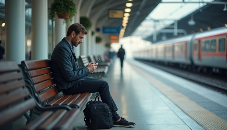 man at a train station bench looking at phone, backpack at feet, platforms visible in background