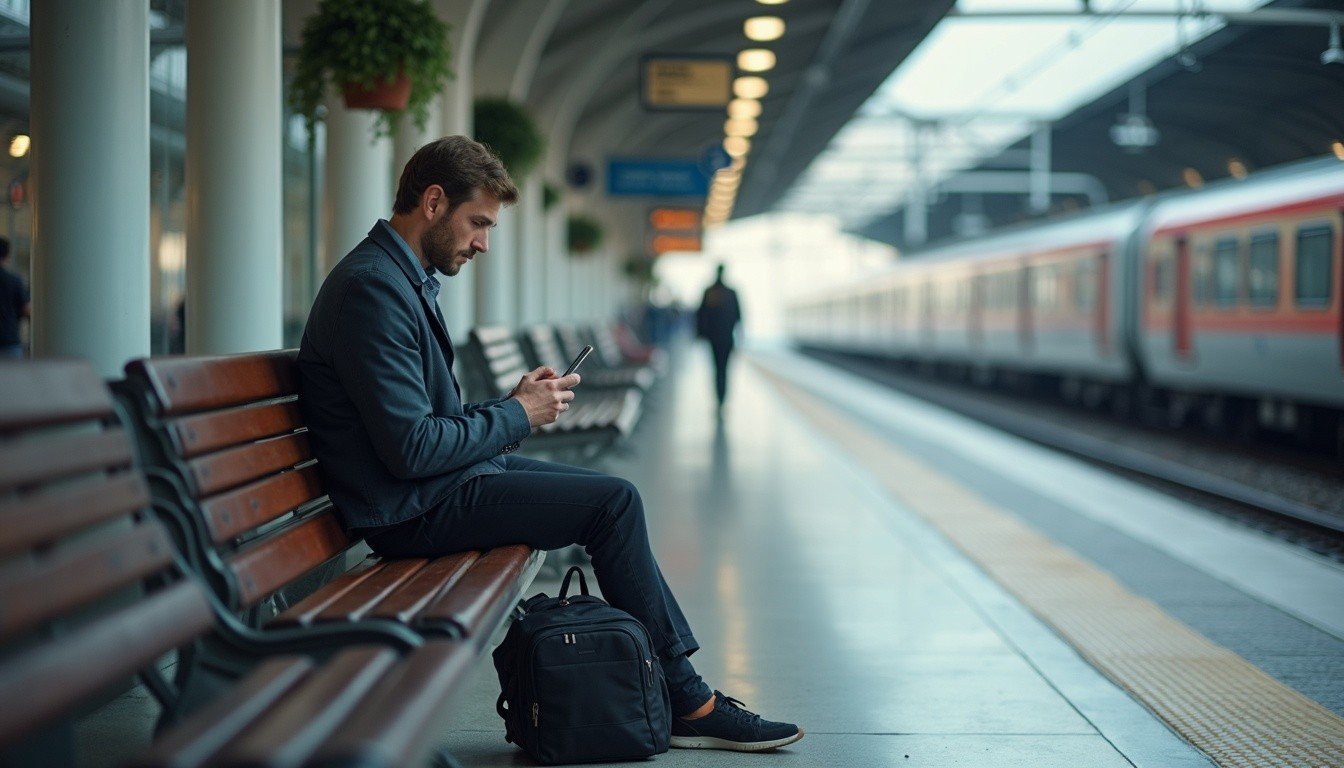 man at a train station bench looking at phone, backpack at feet, platforms visible in background