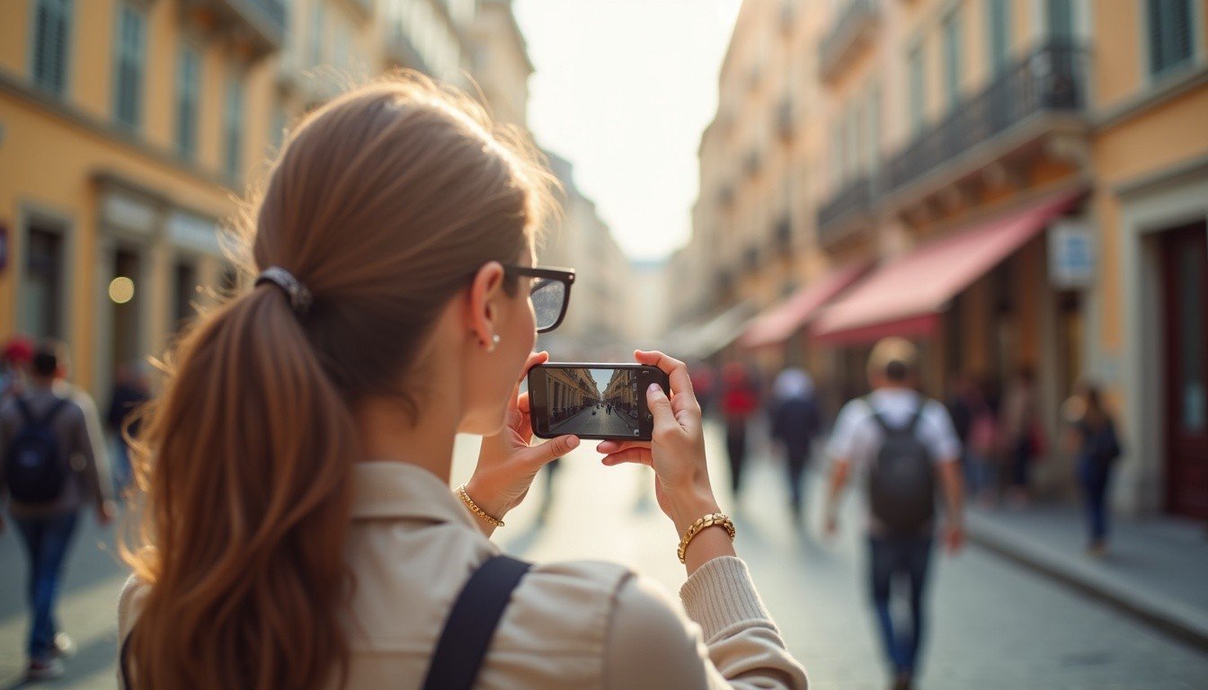 young woman taking a photo of a European street scene with her phone, smiling, casual tourist style