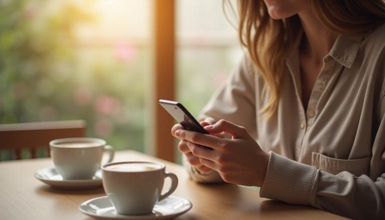 person scrolling on phone at a kitchen table with a coffee, relaxed home setting, morning light