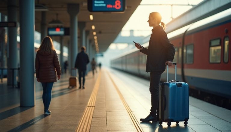 person on phone at a European train platform, rolling suitcase beside them, mid-conversation