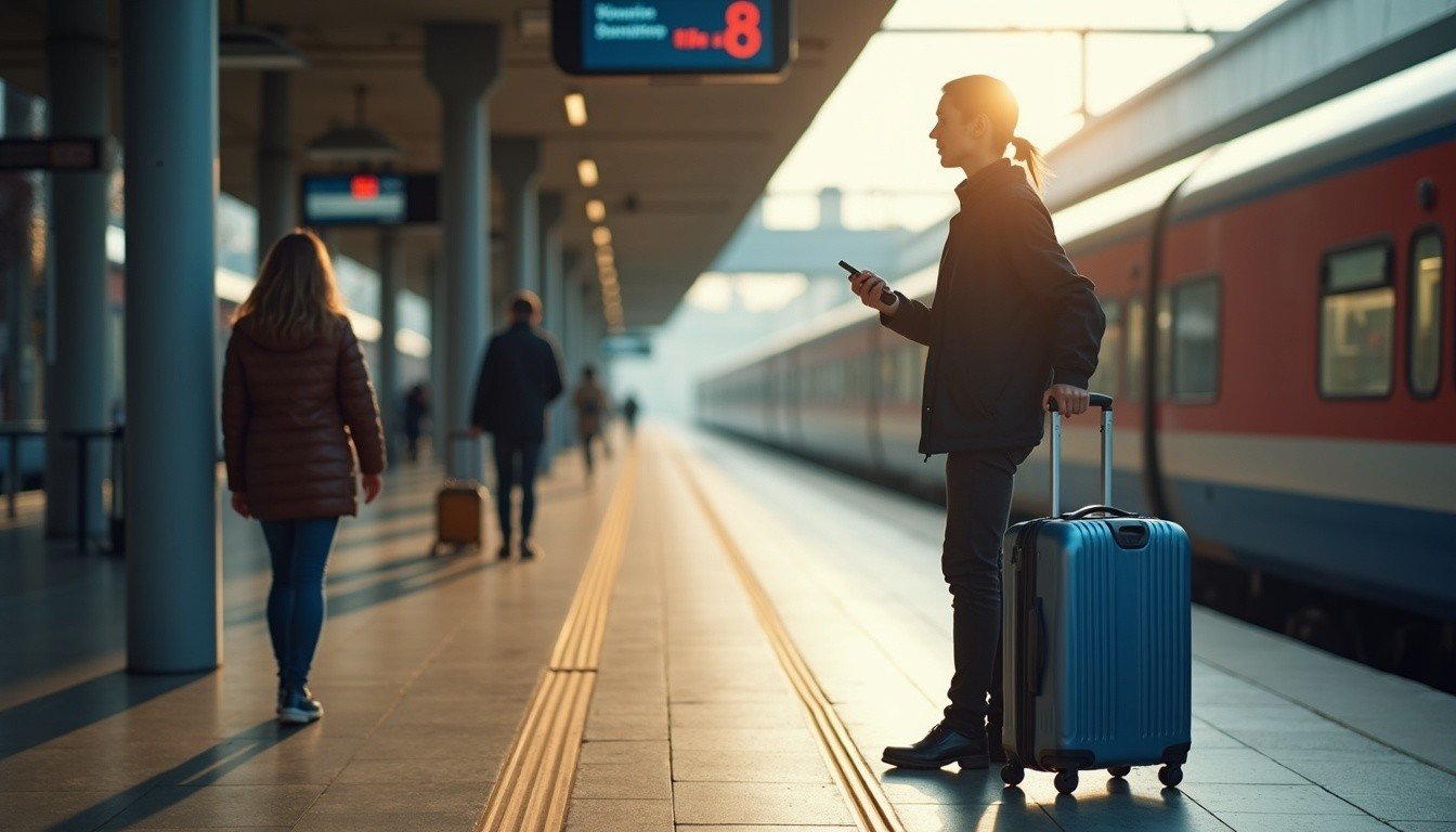 person on phone at a European train platform, rolling suitcase beside them, mid-conversation