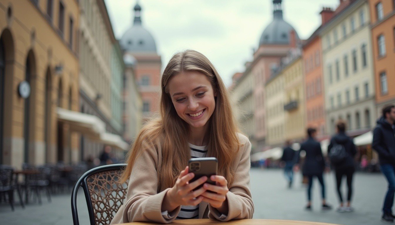 young person sitting alone at a café, smiling at their phone, European city square in background