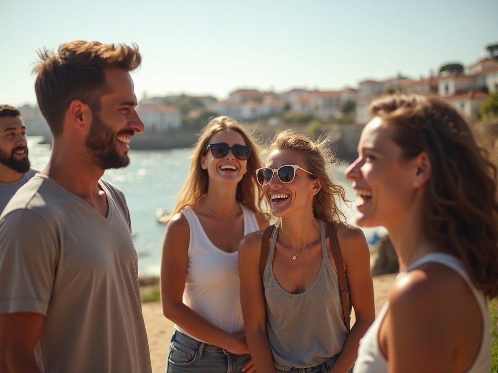 Group of colleagues laughing during an outdoor team building activity near the Portuguese coast on a sunny afternoon