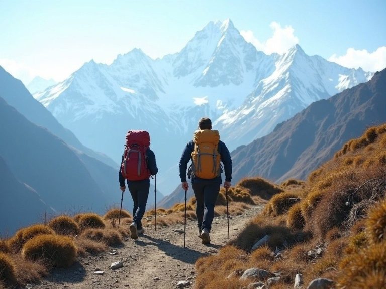 Two hikers on a mountain trail in Nepal with snow-capped Himalayan peaks in the background