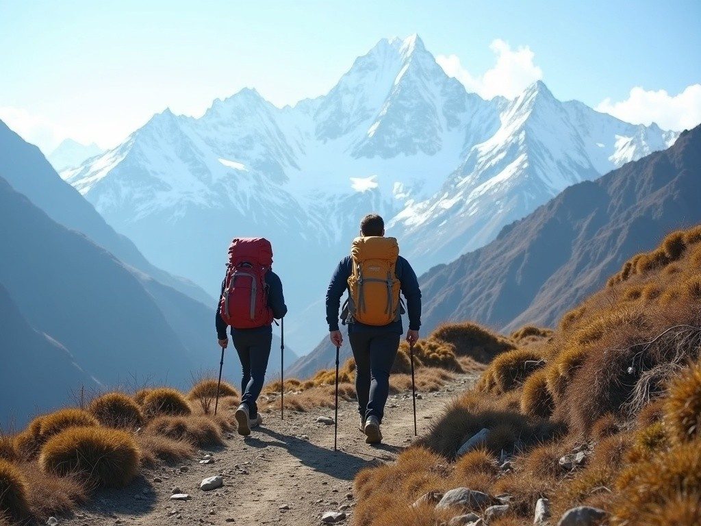 Two hikers on a mountain trail in Nepal with snow-capped Himalayan peaks in the background