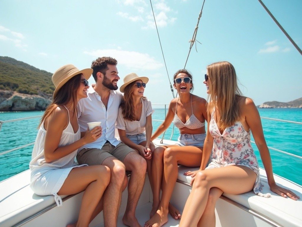 Friends relaxing on a sailboat deck near the Mallorca coastline on a sunny day