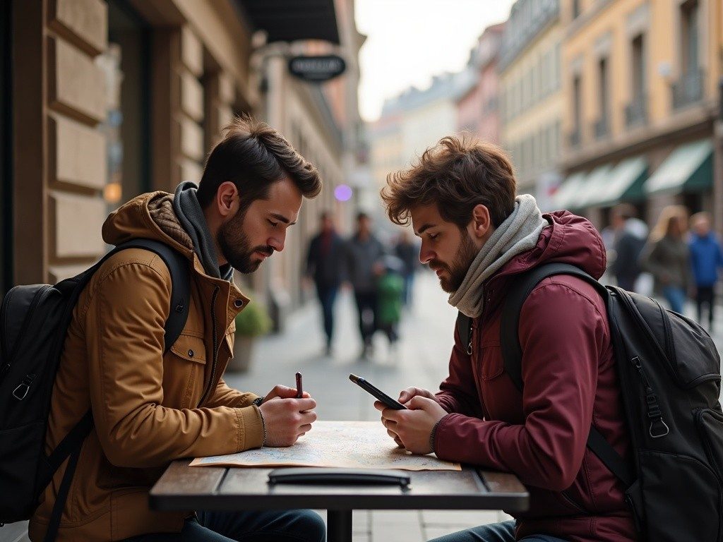 Two travellers reviewing a map and phone at a European café with backpacks beside them