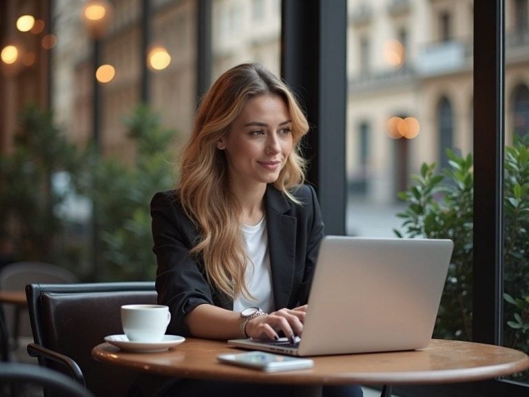 Business traveller at a European café reviewing a meeting schedule on a laptop