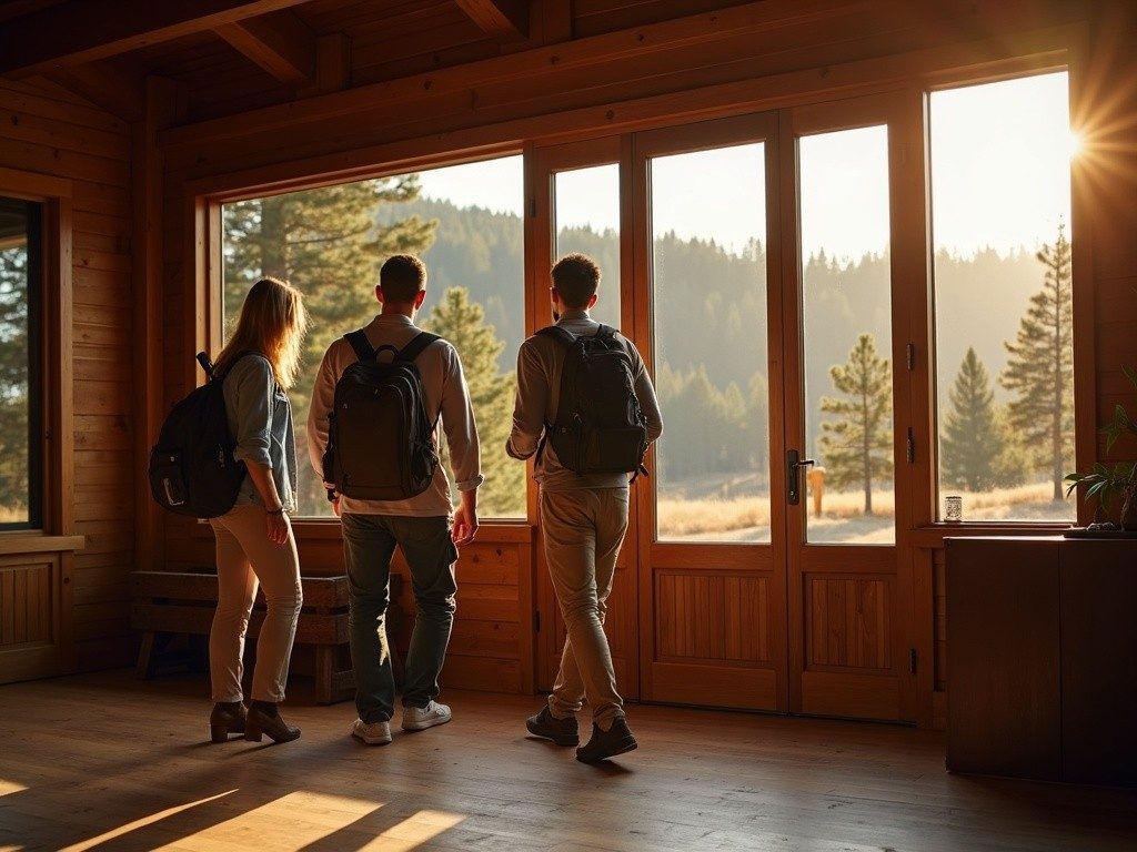 Travellers checking into a rustic lodge hotel near pine-covered hills in South Dakota, warm afternoon light