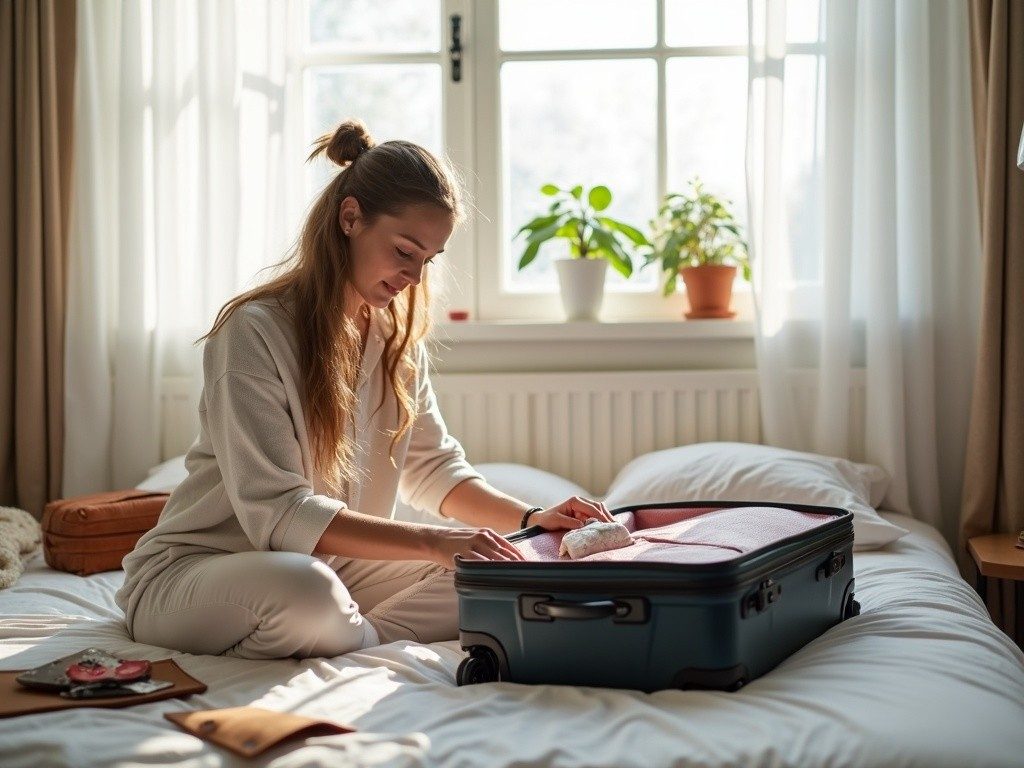 Person packing a suitcase on a bed surrounded by travel accessories in natural light