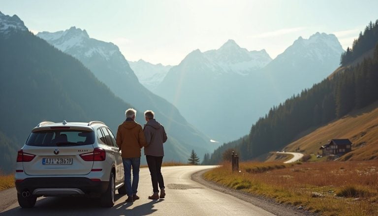 A middle-aged couple on a road trip pausing at an Alpine viewpoint in Austria, one partner leaning against a rental car while checking their phone, snow-capped peaks visible across the valley, late afternoon light casting long shadows on the mountain road, cool crisp air suggested by light jackets, peaceful and expansive landscape, realistic travel photography
