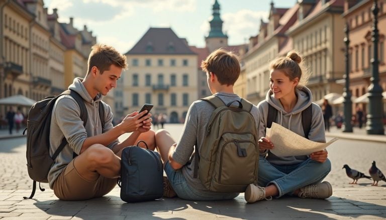 A group of three young backpackers sitting on the steps of a grand public square in Prague's Old Town at midday, one of them checking a phone while the others look at a paper map spread across their laps, pigeons nearby, warm summer light, worn backpacks at their feet, slightly dusty traveller aesthetic, candid and authentic atmosphere