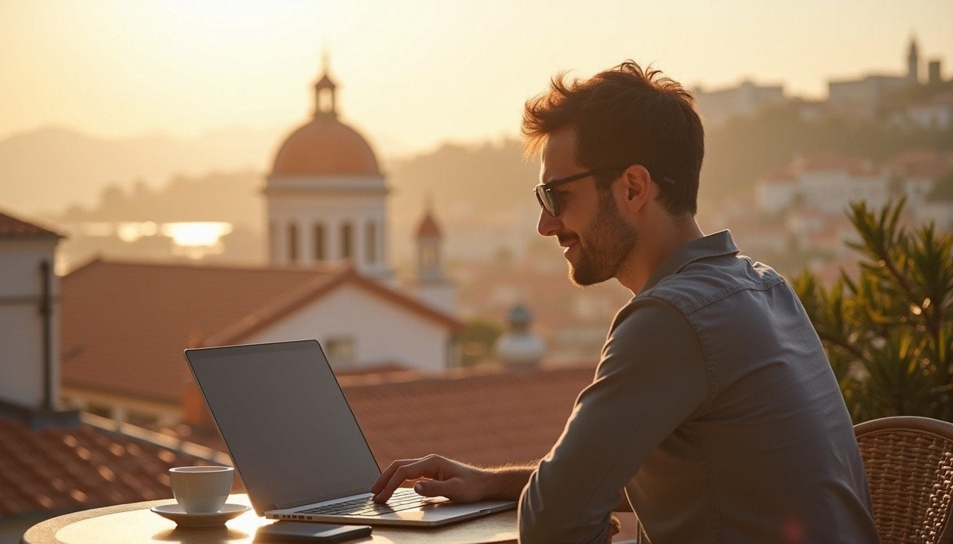 A digital nomad in his early thirties working on a laptop at a rooftop café in Lisbon, a smartphone resting on the table beside him, the city's terracotta rooftops and the Tagus river visible in the warm late-morning haze behind him, a coffee and notebook beside the laptop, relaxed but focused atmosphere, golden southern European light, photorealistic editorial style