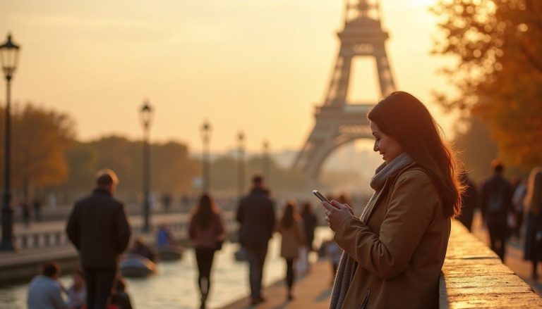 A young woman tourist standing on the Pont de l'Alma bridge in Paris at golden hour, glancing down at her smartphone held naturally at her side, the Eiffel Tower softly lit in the warm background haze, autumn leaves drifting, people strolling in soft focus behind her, candid and unhurried atmosphere, photorealistic travel photography style