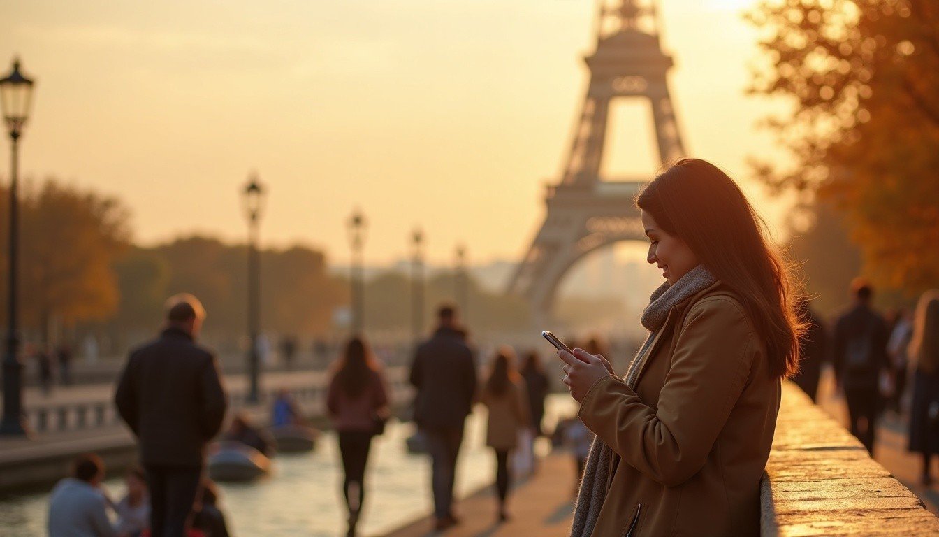 A young woman tourist standing on the Pont de l'Alma bridge in Paris at golden hour, glancing down at her smartphone held naturally at her side, the Eiffel Tower softly lit in the warm background haze, autumn leaves drifting, people strolling in soft focus behind her, candid and unhurried atmosphere, photorealistic travel photography style