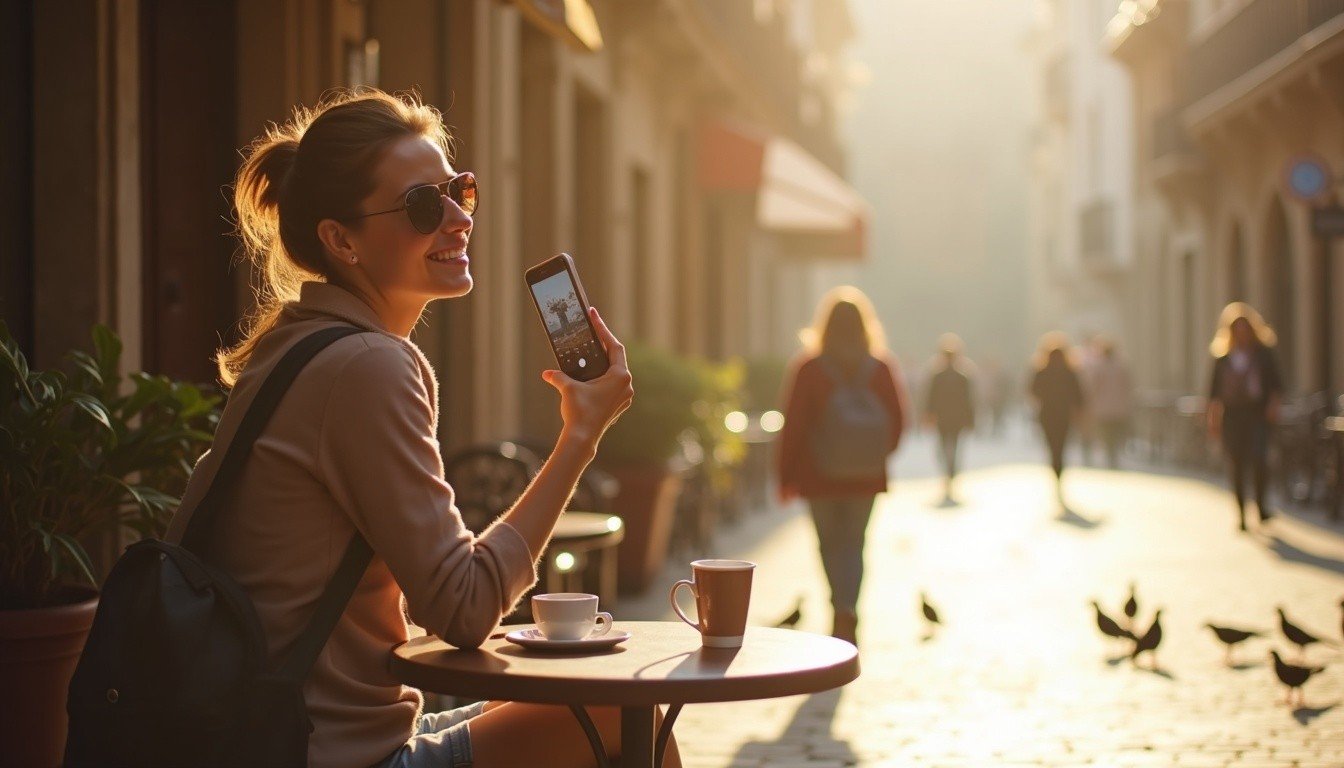 A solo female traveller sitting at an outdoor café table in Barcelona's Gothic Quarter, morning sunlight cutting across the table, holding her phone up near eye level in a relaxed pose, a small espresso cup beside her, pigeons pecking near sun-dappled cobblestones in the background, light haze of a busy morning street, natural and unhurried scene, photorealistic style