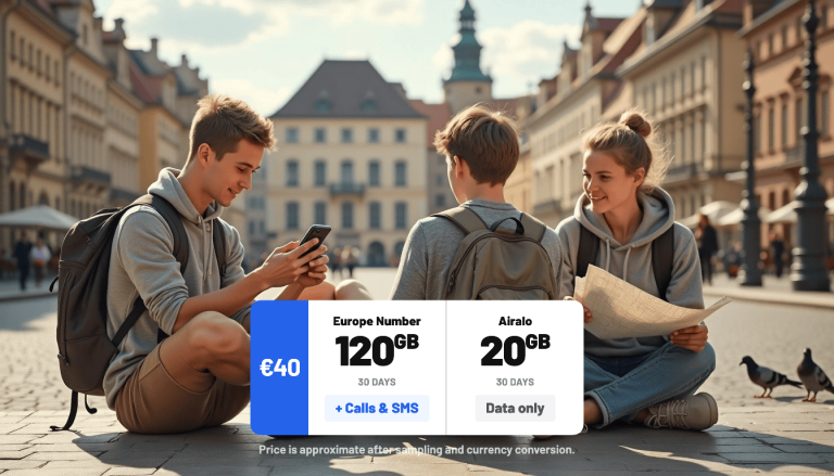 Three young backpackers sitting on cobblestones in a sunlit European city square, one checking a phone, another holding a map, warm afternoon light, candid travel photography style