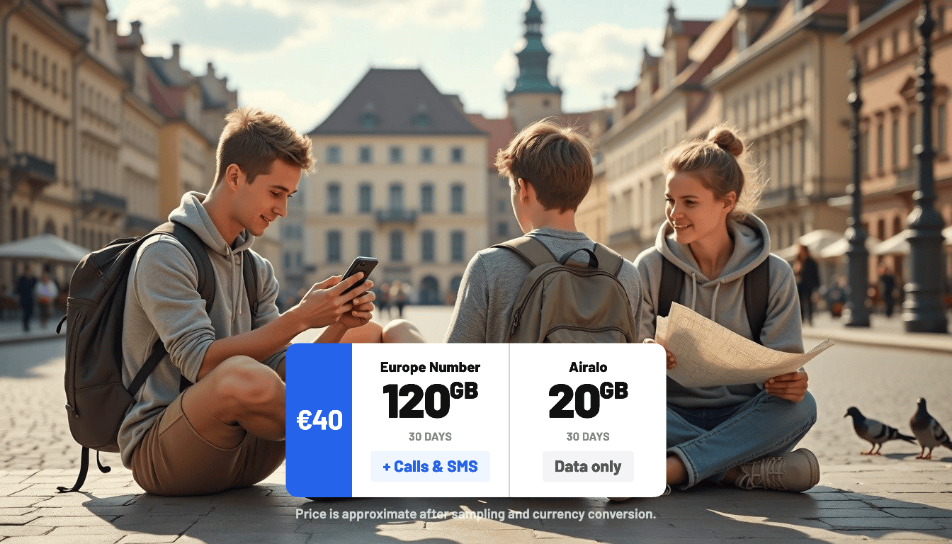 Three young backpackers sitting on cobblestones in a sunlit European city square, one checking a phone, another holding a map, warm afternoon light, candid travel photography style