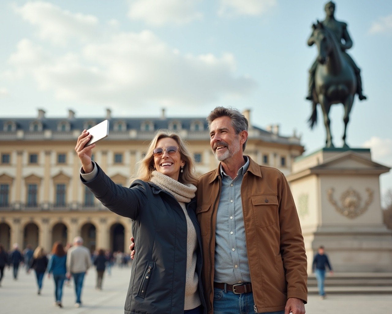 Mature couple taking a selfie in front of a Napoleon Statue
