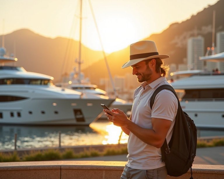 Monaco harbour at golden hour with luxury yachts, traveller checking smartphone on the promenade, Mediterranean light