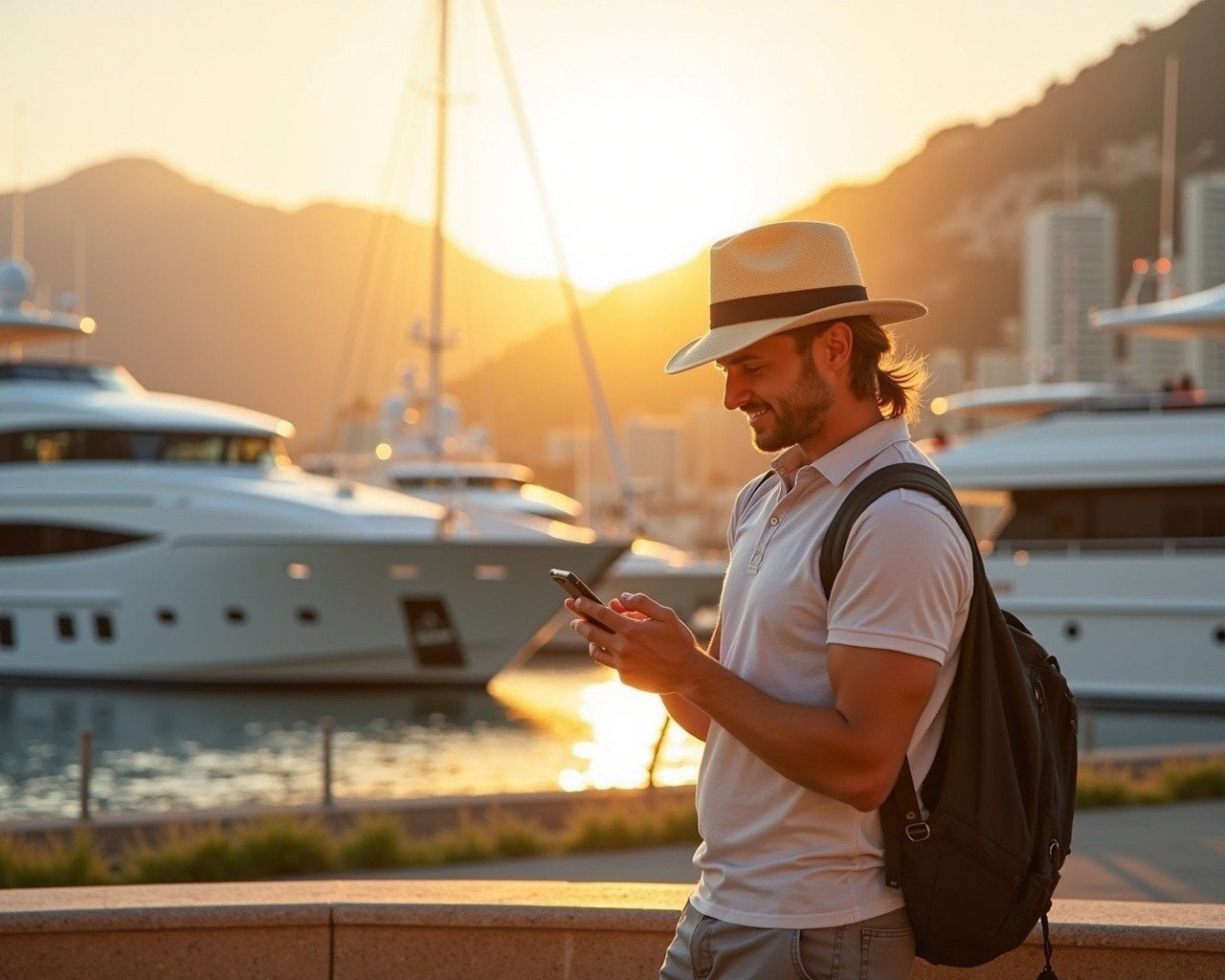Monaco harbour at golden hour with luxury yachts, traveller checking smartphone on the promenade, Mediterranean light