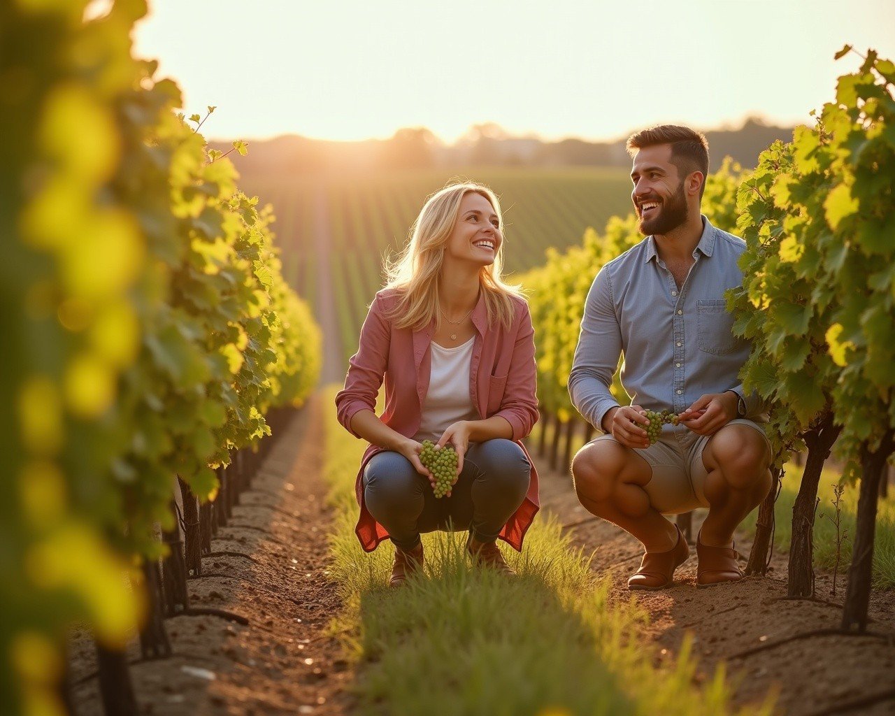 Couple in the Medoc vineyard picking grapes