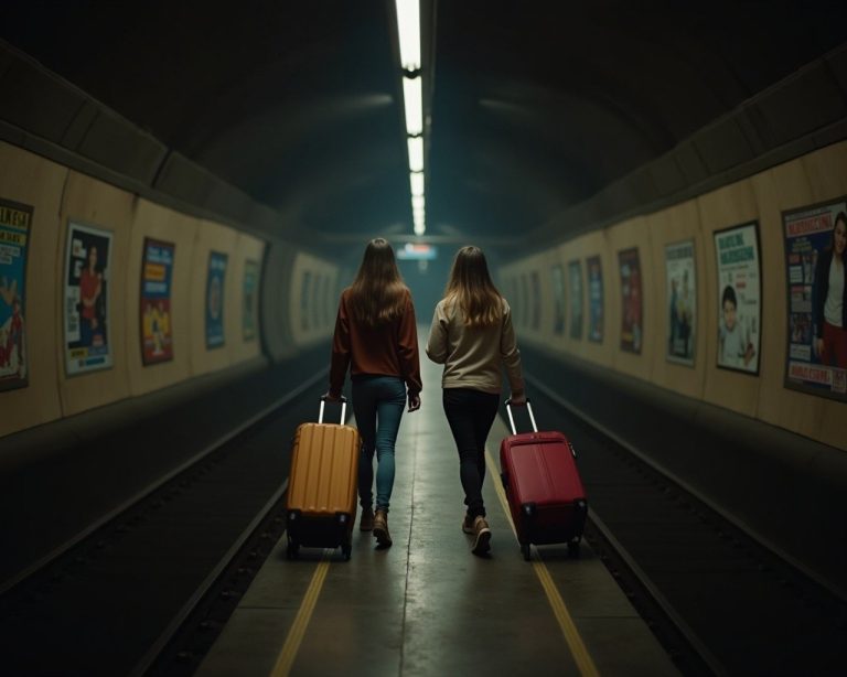 Young traveller girls wheeling their suitcases in a well lit railway subway tunnel with posters on the side, talking and look