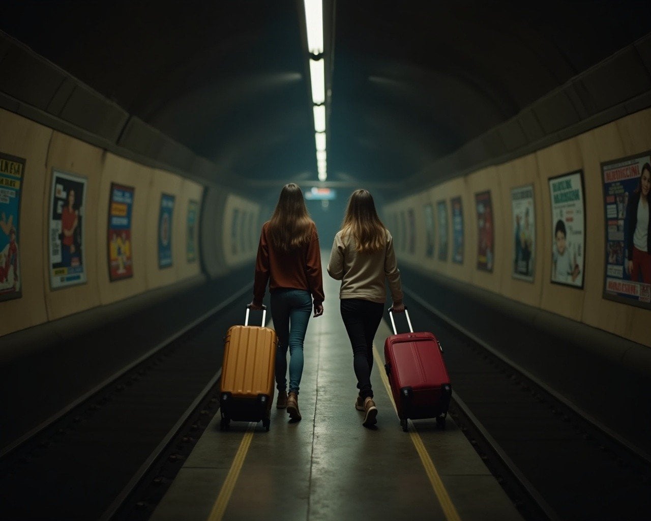 Young traveller girls wheeling their suitcases in a well lit railway subway tunnel with posters on the side, talking and look