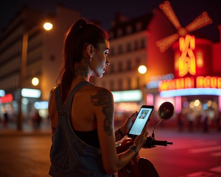 Glamourous looking young woman with neck tattoos on a vespa looking at her phone while at a red traffic light in front of the