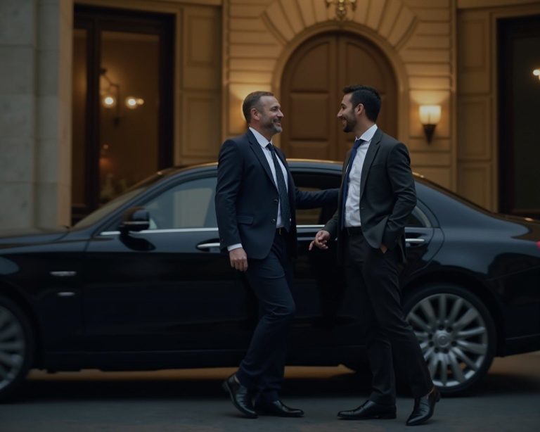 A A business man arriving at a 5 star french hotel in an uber and the doorman opening the car door for him to greet with a sm