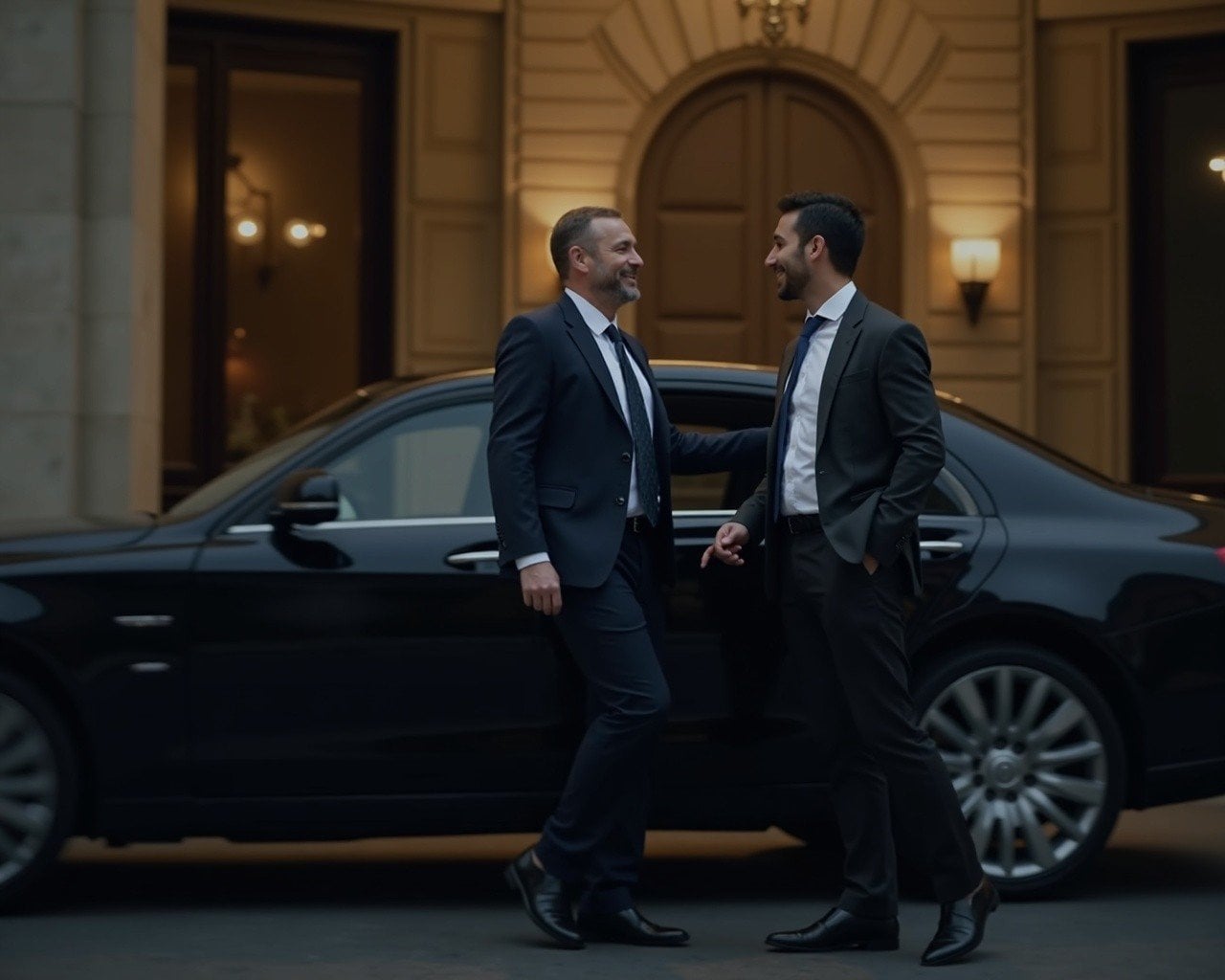 A A business man arriving at a 5 star french hotel in an uber and the doorman opening the car door for him to greet with a sm