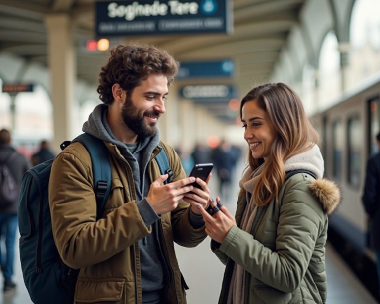 French packpacker showing a friend their phone screen while standing at the train station
