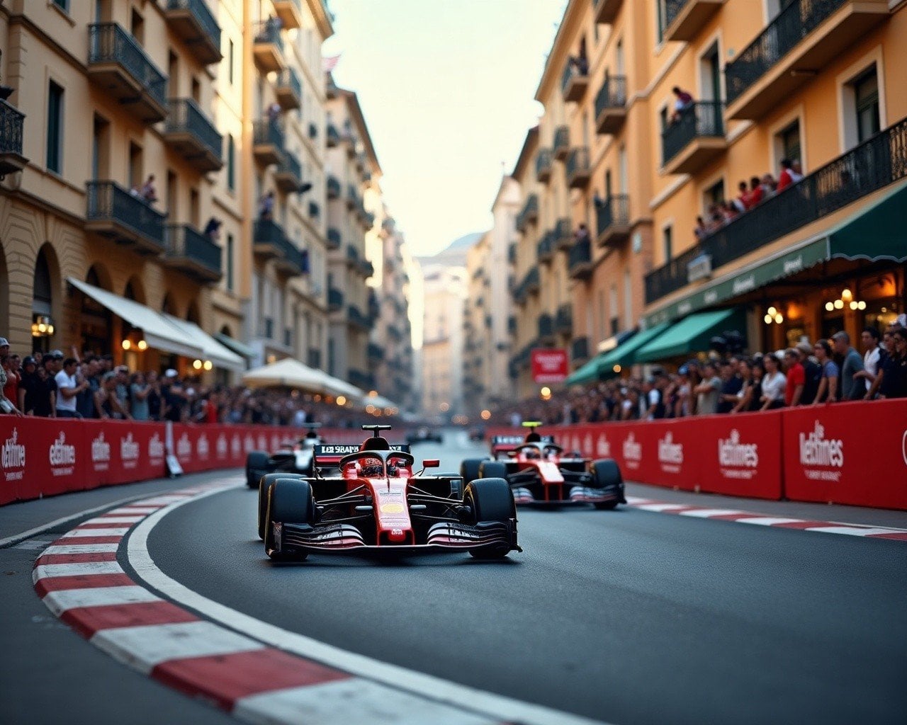 f1 cars at monaco racing around one of the famous narrow streets at speed, realistic race image with barriers and onlookers