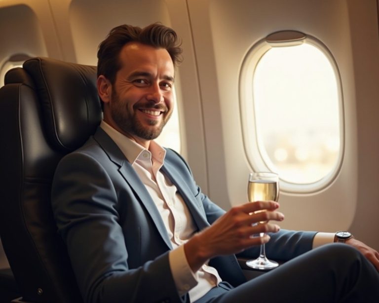 Man on a first class flight sitting near window with a glass of champagne looking at the camera and smiling