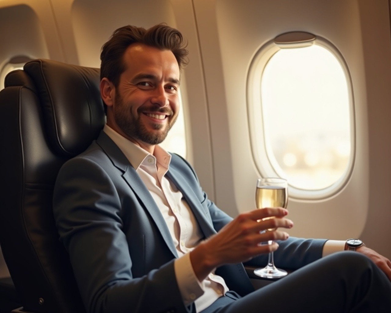 Man on a first class flight sitting near window with a glass of champagne looking at the camera and smiling