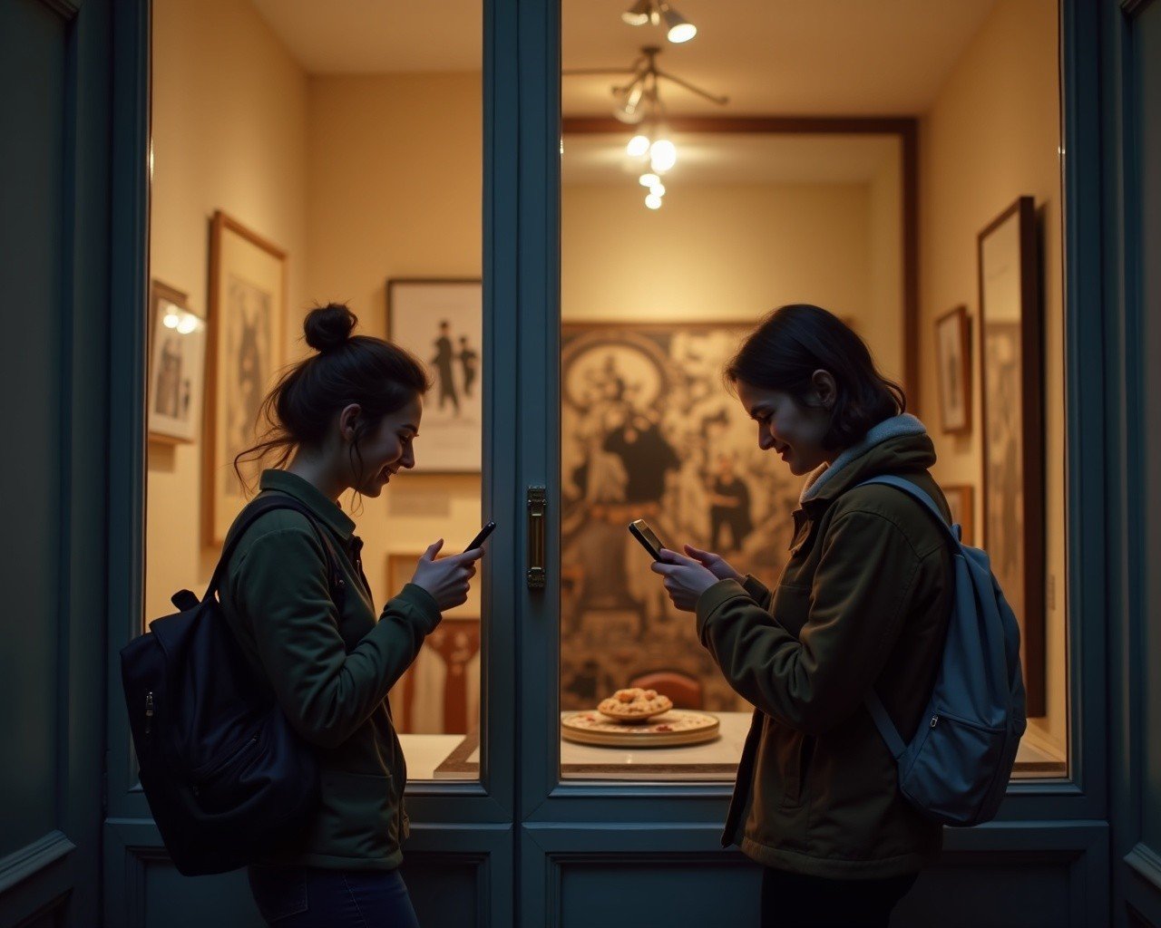 2 students outside a gallery window in paris, low evening light, checking their phones happy, cinematic travel photography