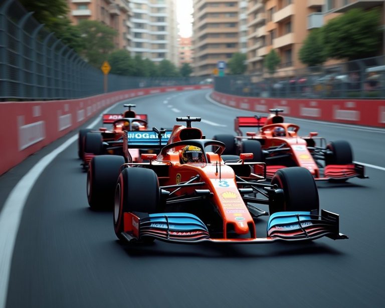 High speed shot of 3 cars from different teams including Mclaren taking a famous corner at the monaco grand prix
