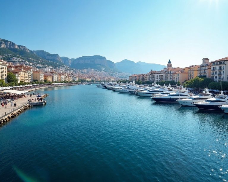 Beautiful shot of monaco from the water showing harbour, town and super yachts and F1 track glimpses in the distance