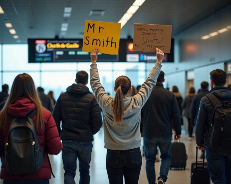 busy charles de gaulle airport with passengers in from of the arrivals board and an uber driver holding a hand written Mr Smith sign hoping to catch the attention of an arriving passenger