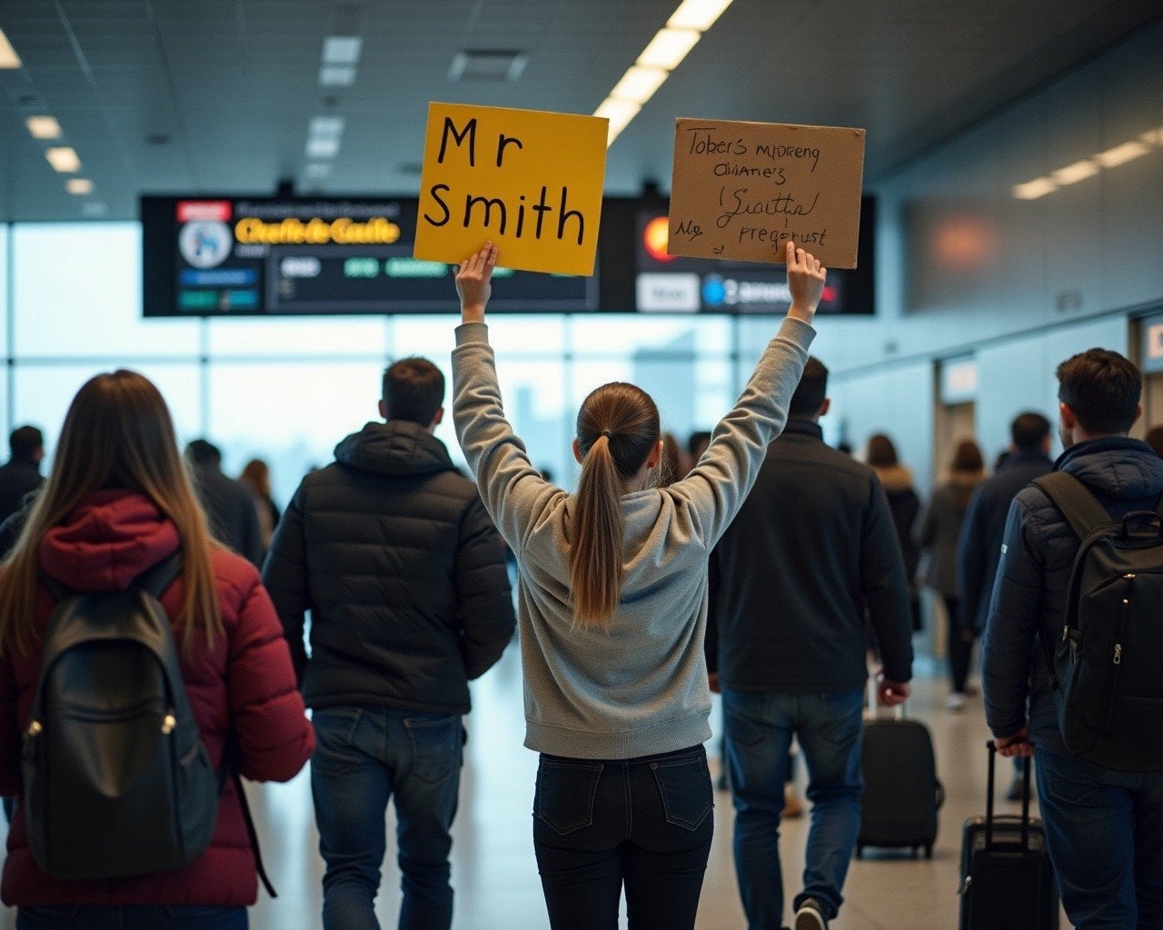 busy charles de gaulle airport with passengers in from of the arrivals board and an uber driver holding a hand written Mr Smith sign hoping to catch the attention of an arriving passenger