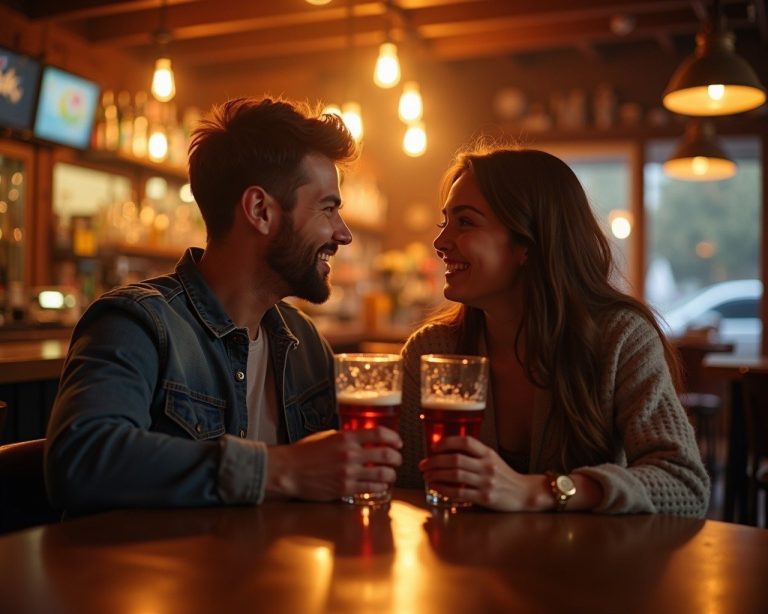 A young couple in a bar having a drink perhaps meeting for the first time