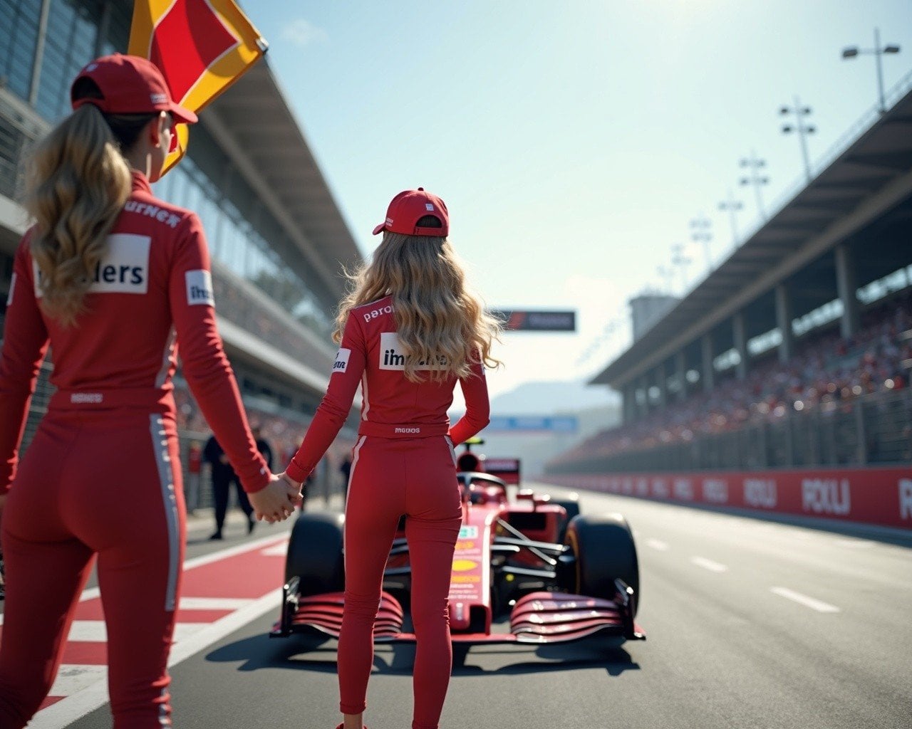 F1 pit girls starting the warm up lap with a flag trackside at the monaco starting grid