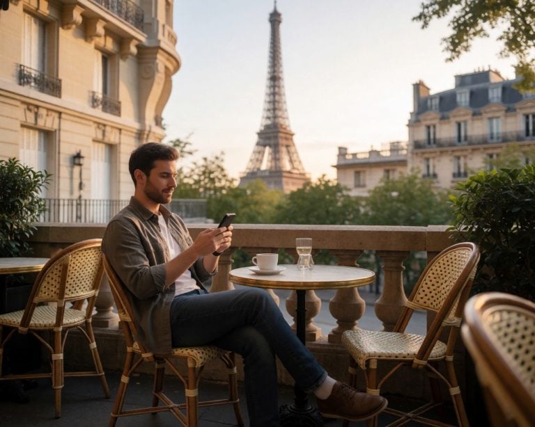 traveller relaxing at a Parisian café terrace checking a smartphone, Eiffel Tower visible in the soft distance, golden hour light