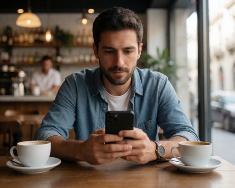 close of a man traveller looking at their phone while in a spain cafe