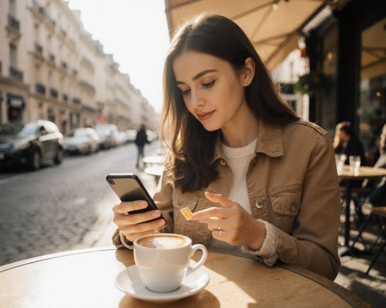 A traveller comparing eSIM options on her phone at a Paris cafe