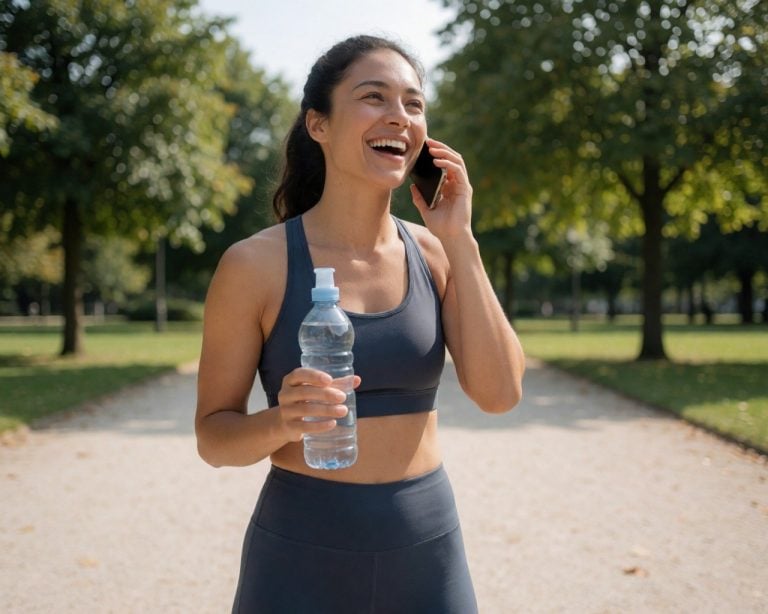 your woman in active wear holding a water bottle a paris park talkiing on the phone laughing