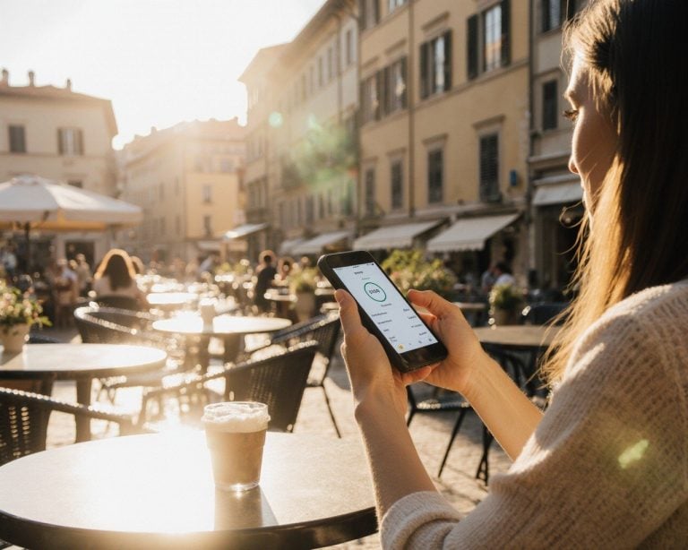 traveller at a sunlit European cafe terrace checking mobile data usage on a smartphone