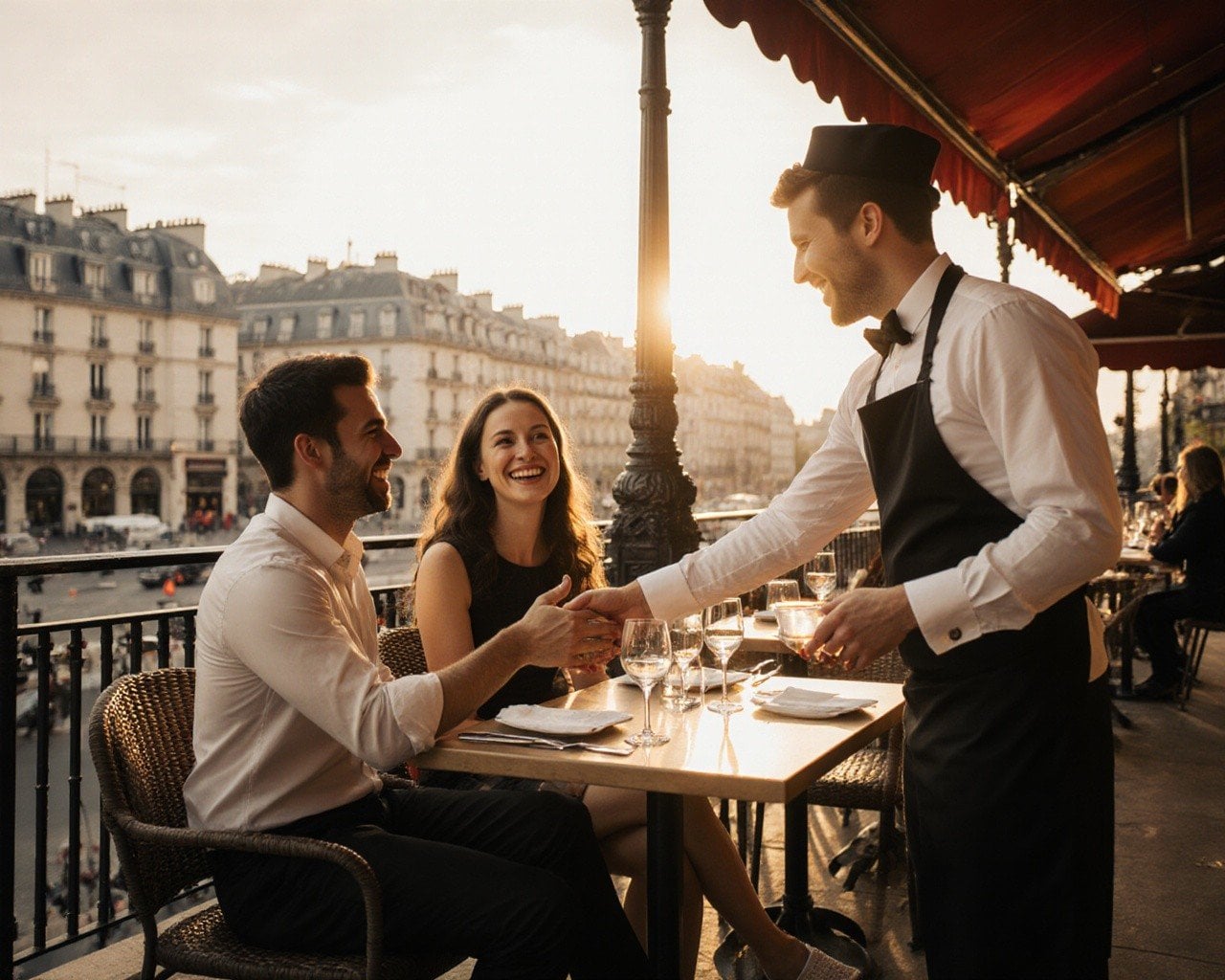 A couple being welcomed to a table at a Paris bistro terrace