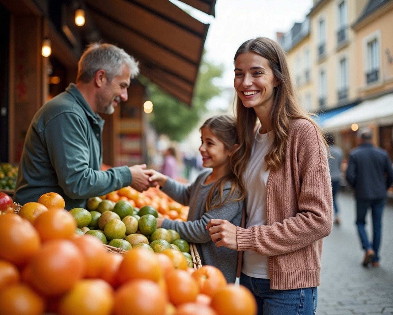 Mother and daughter at a typical outdoor france fruit market shopping talking to the shop owner